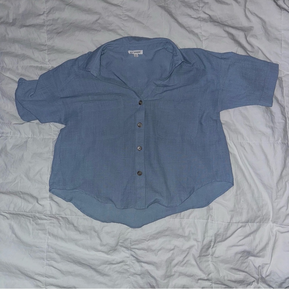 Blue Cropped Button-Up Shirt